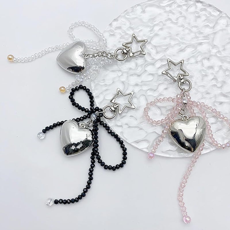 Black Cute Love Heart Phone Chain with Beaded Bowknot Dainty Hanging Decoration - Image 3